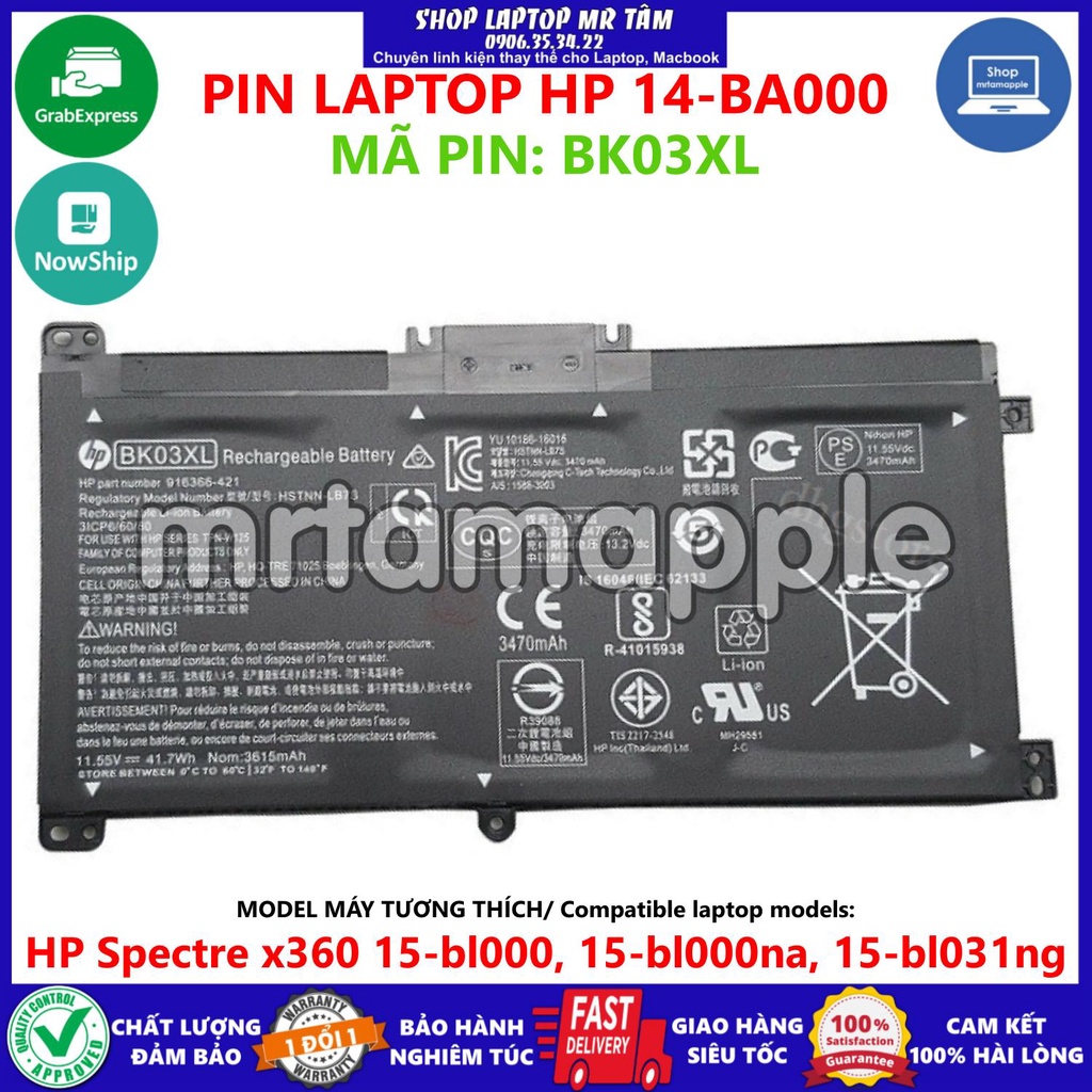 (BATTERY) PIN LAPTOP HP 14-BA000 BK03XL (ZIN) (3 CELL) dùng cho Pavilion X360 14-ba000, BK03XL