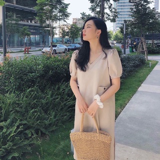 Đầm váy freesize kem cổ V 2 túi