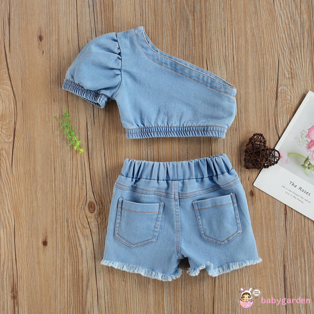 Áo Crop Top Hở Vai Có Túi + Quần Short Denim Cho Bé Gái