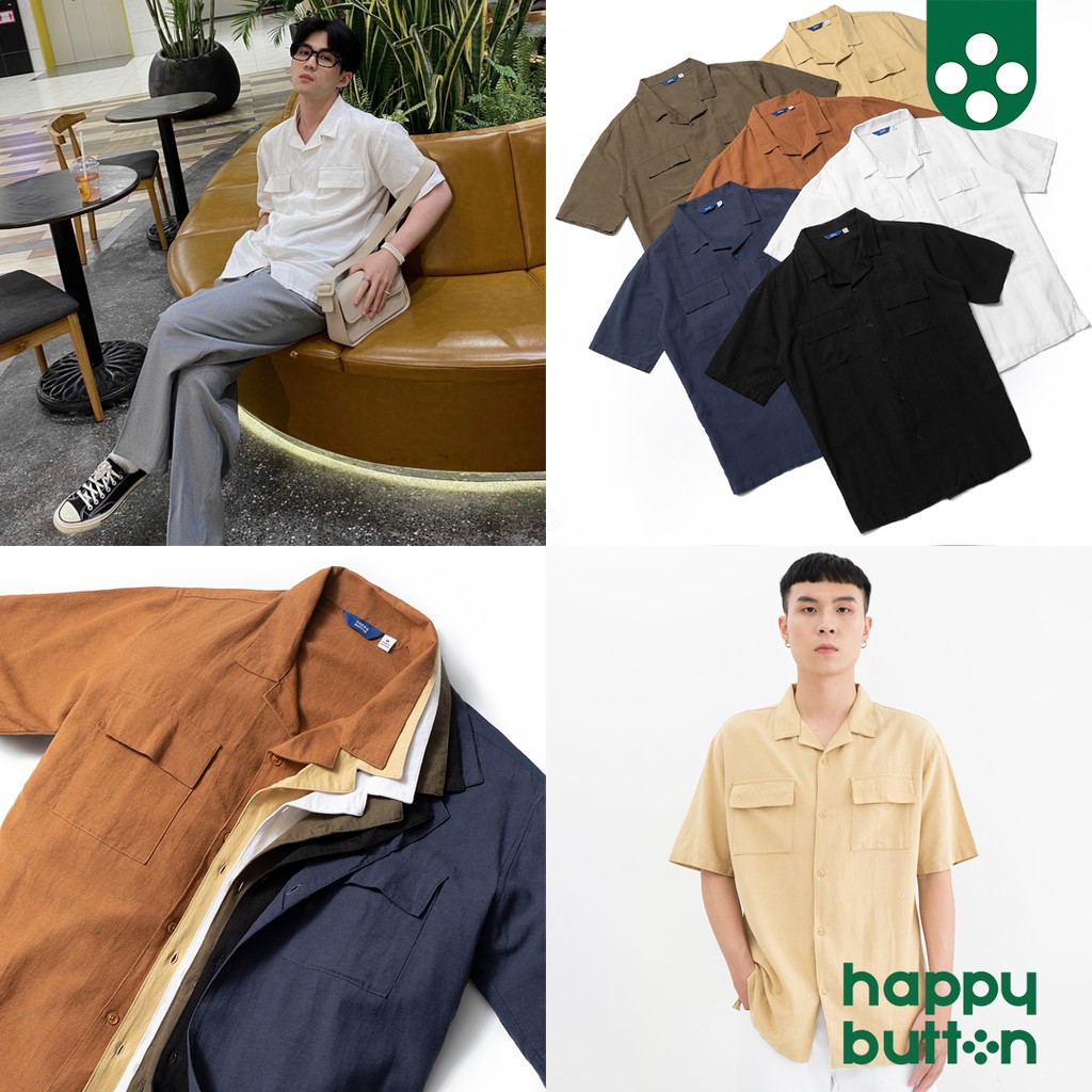 Áo sơ mi linen cổ danton tay ngắn phối túi, sơ mi nam trơn vải đũi 6 màu - Happy Button