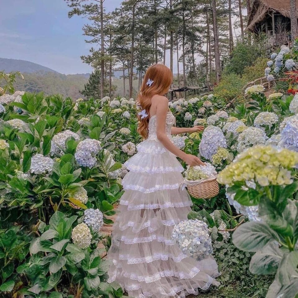 Set váy maxi đi biển nữ công chúa dáng xòe phối tầng viềm ren xinh đẹp dễ thương cá tính thời trang XUKA-DRESS DT020