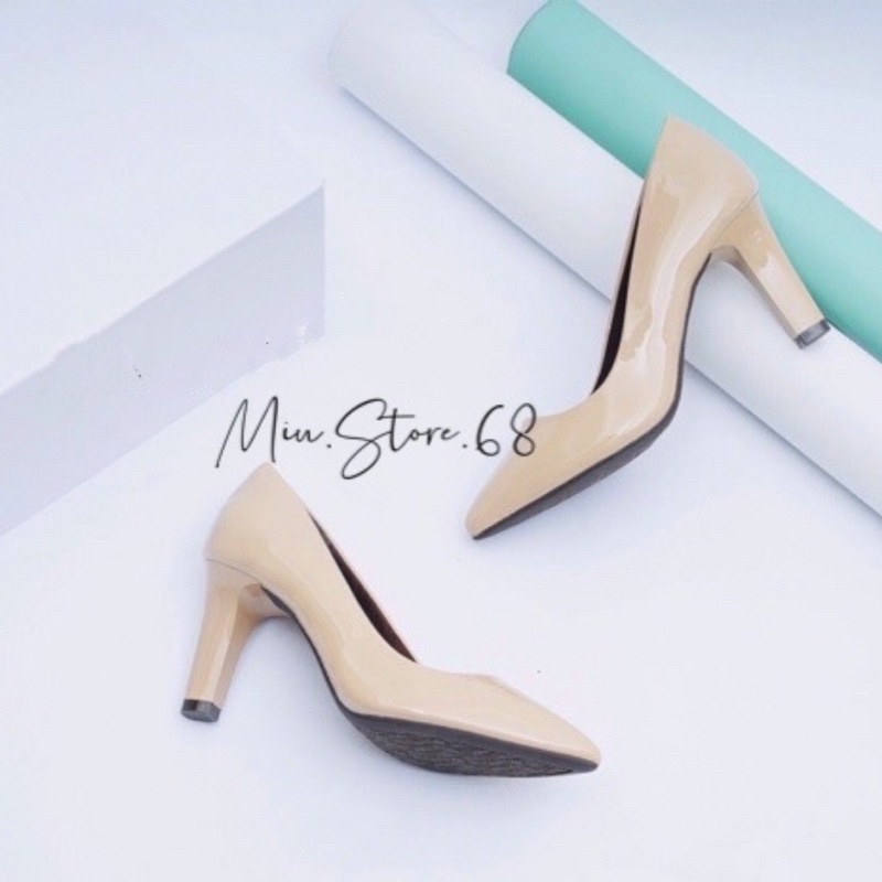 Giày cao gót nữ mũi nhọn da lì/da bóng, giày boot nữ giày công sở gót 7p Acollection VNXK dễ phối đồ nữ đi làm đi chơi