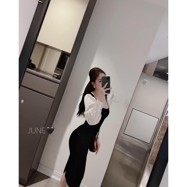 Váy body nữ sexy tay dài cổ trễ chất umi co giãn