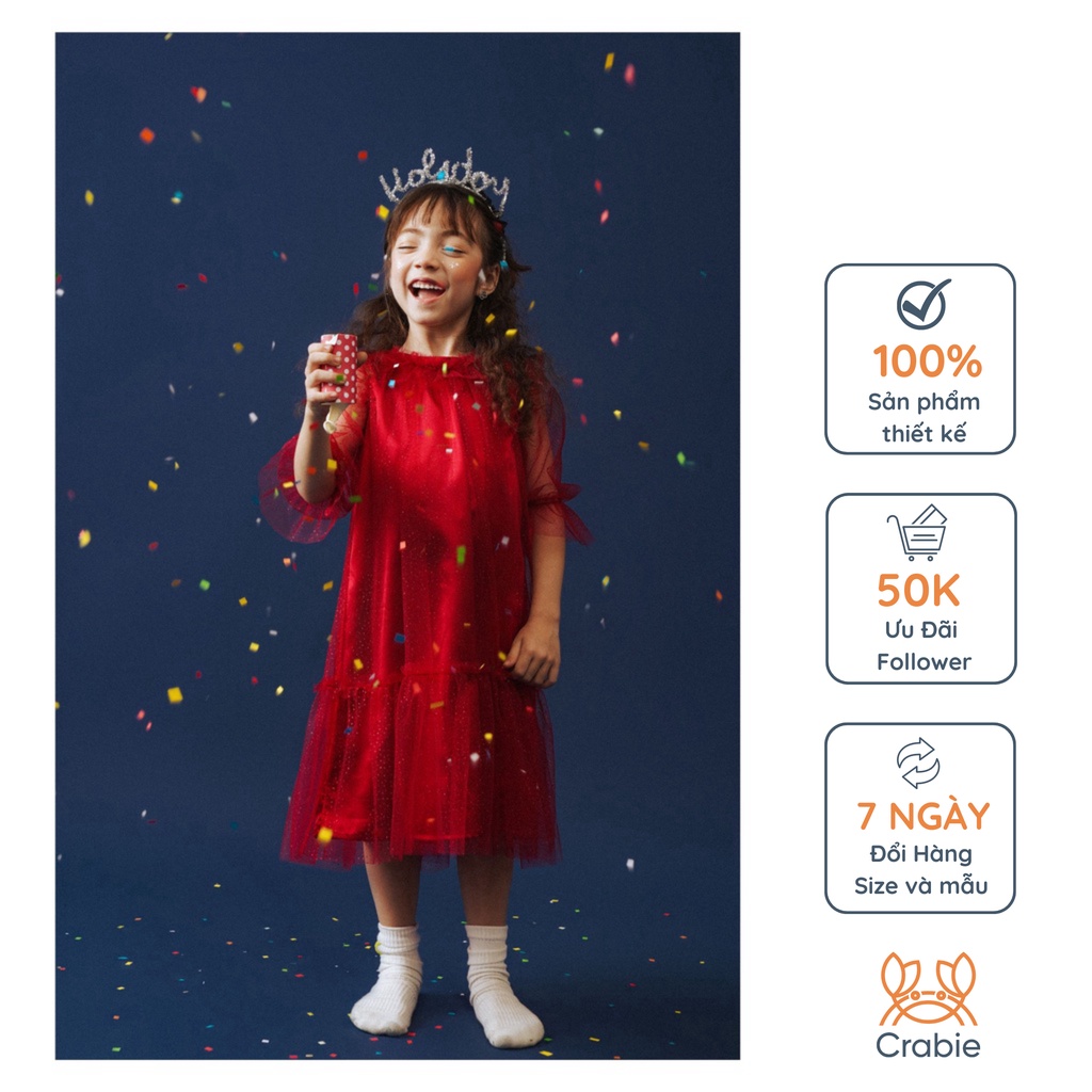 Đầm tiểu thư bé gái CRABIE vải lưới tay phồng kim tuyến - Stella Dress - Đỏ