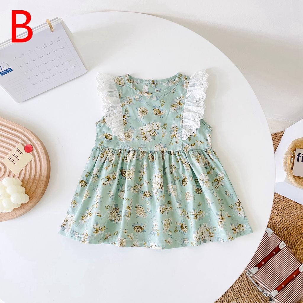 Đầm công chúa Sanlutoz không tay vải cotton phối ren hoa thời trang hè dễ thương cho bé gái sơ sinh