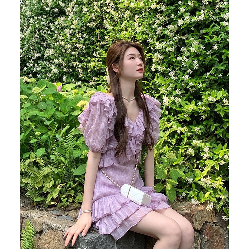OOrDER🖤Đầm voan bèo đuôi cá màu tím mộng mơ năng động dễ thương/ Váy tiểu thư đi du lịch đi biển phong cách Hàn Quốc