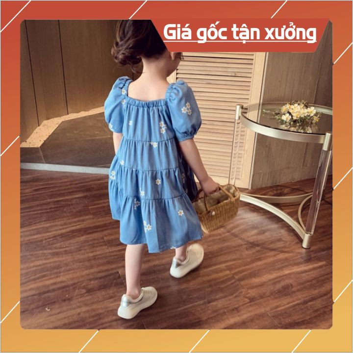 Váy Bé Gái Dáng Babydoll Suông Xòe Nhiều Tầng Xanh Hoa Cúc Trắng Cho Bé Từ 1 đến 6 Tuổi