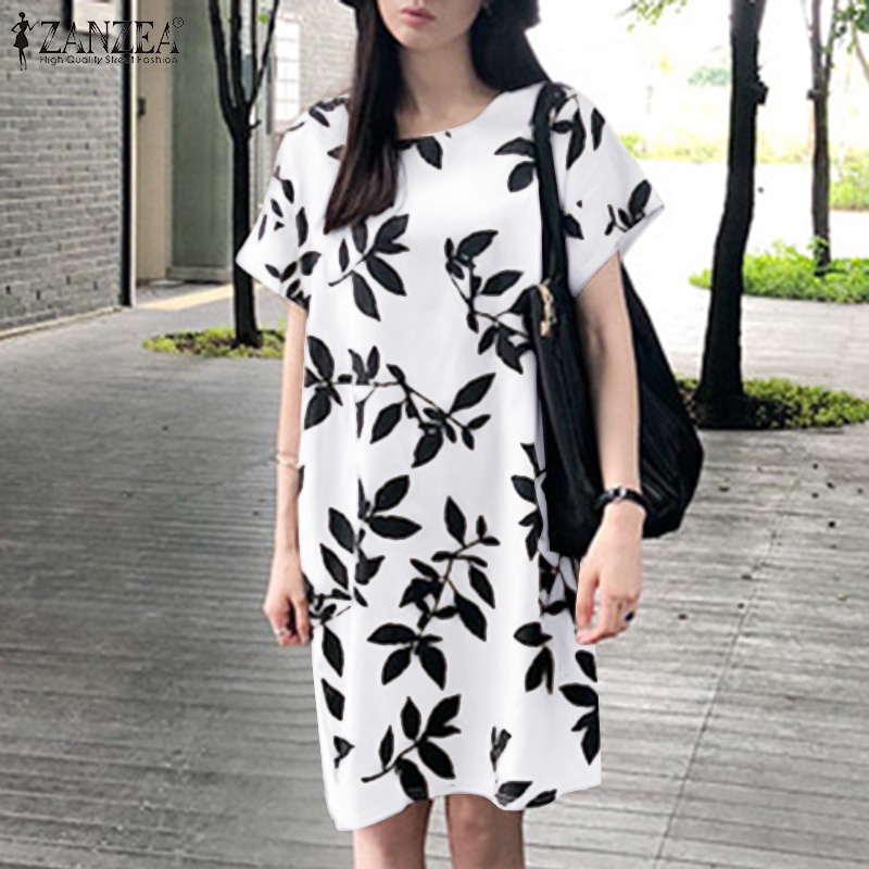 Đầm lửng ZANZEA tay ngắn cài nút phía sau phong cách vintage thời trang cho nữ