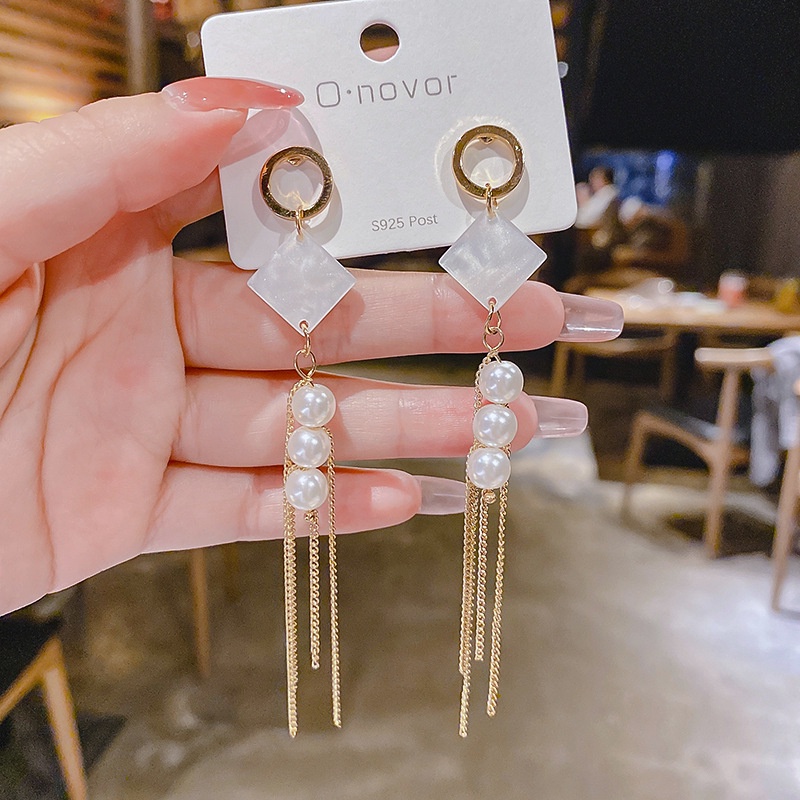 Bông Tai Mạ Bạc 925 Đính Ngọc Trai Tua Rua Dài 2022 Kiểu Mới Phong Cách Hàn Quốc