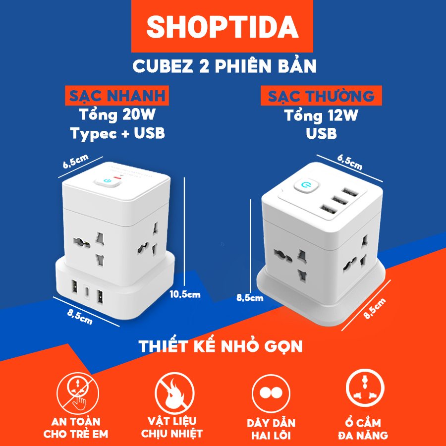 Ổ Điện Đa Năng USB SHOPTIDA Chịu Tải 2500W CUBEZ/ WORKZ/ K6, An Toàn Chống Cháy Chống Giật, Dây Dài 1.6 và 2.4m