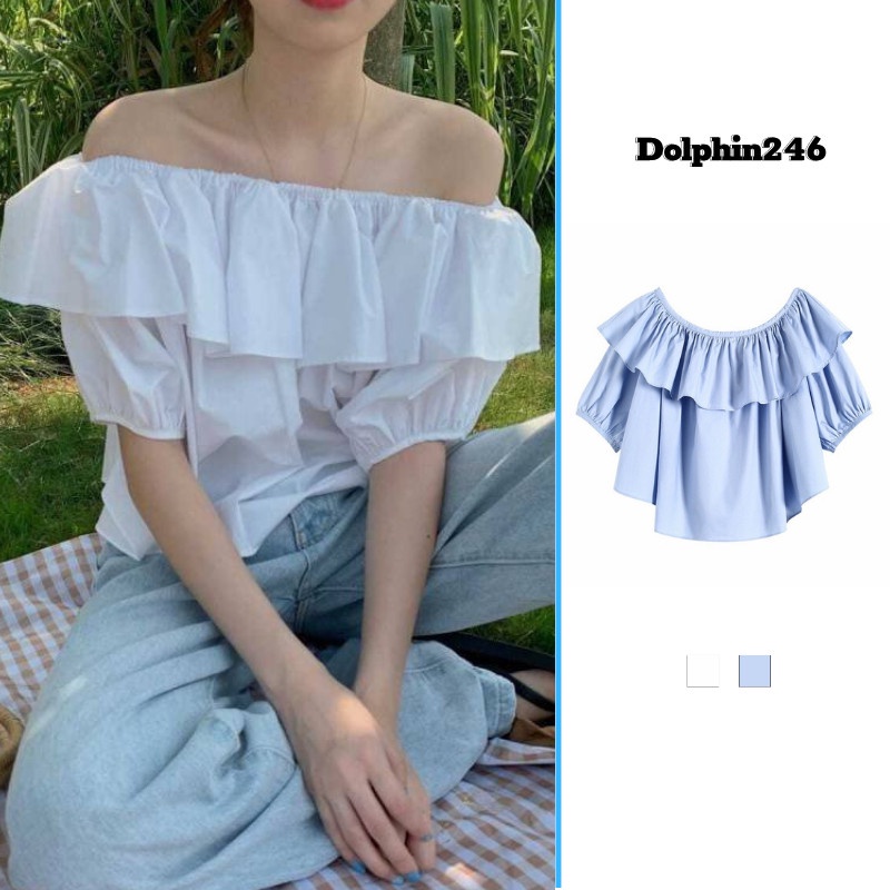 Áo croptop nữ trễ vai sơ mi công sở cộc tay bánh bèo tiểu thư phong cách hàn Quốc basic N-1