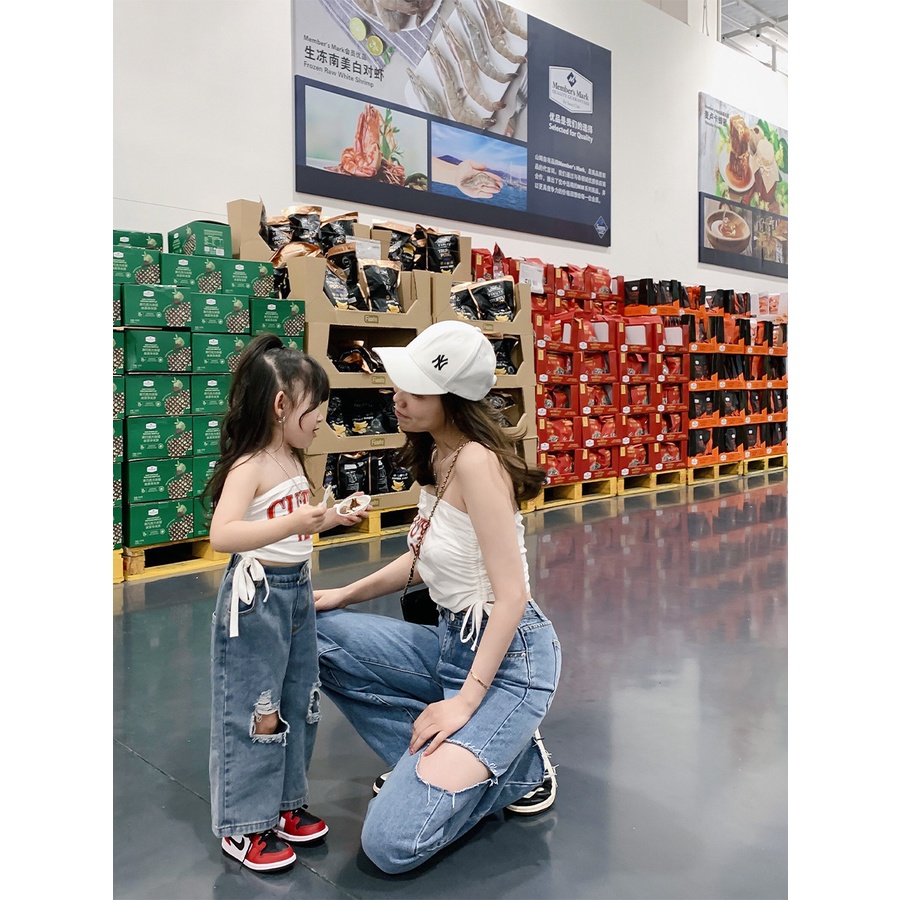 Áo Ống Denim Mùa Hè Phong Cách Phương Tây Cho Mẹ Và Bé Gái Dạy Học Hot Girl Rách (Ống Có Sẵn, Giá Cùng Với Quần Tất Cả Các Kích Cỡ Có Sẵn Cho Mẹ)