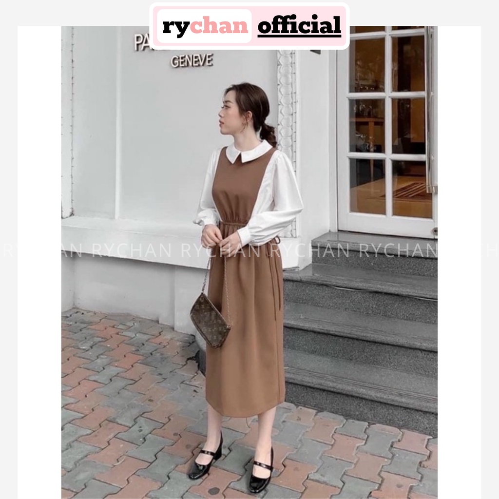 Đầm Nữ Dự Tiệc Màu Nâu Phối Yếm Tay Dài Trắng Cổ Trụ Cực Retro Vintage, Đầm Nữ Xinh Cực Cổ Điển - DX9776