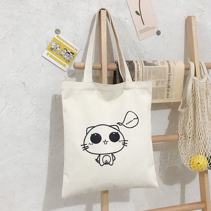 TÚI TOTE TRẮNG CHẤT VẢI CANVAS 1005 466 CHÚ MÈO SUY TƯ HÀNG CHUẨN ĐẸP