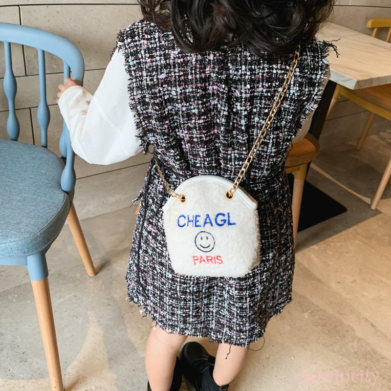 Korean Girls Bag Children Cute Letter Embroidered All-Matched Open Durable Chain Flap Shoulder Bag