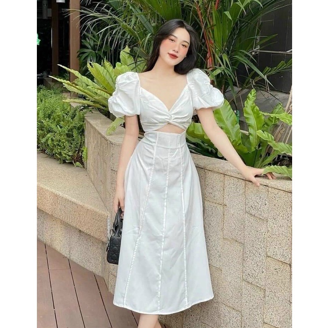 Đầm váy nữ lụa xoắn ngực họa tiết 5 màu cổ chữ V khoét eo tôn dáng trẻ trung sang trọng thanh lịch siêu xinh