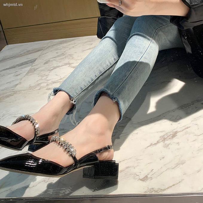Giày Búp Bê Mũi Vuông Gót Dày Đính Đá Hở Ngón Thời Trang Xuân Hè Cho Nữ