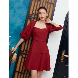 EDINI - D1355 Đầm đỏ tay phồng dáng xòe
