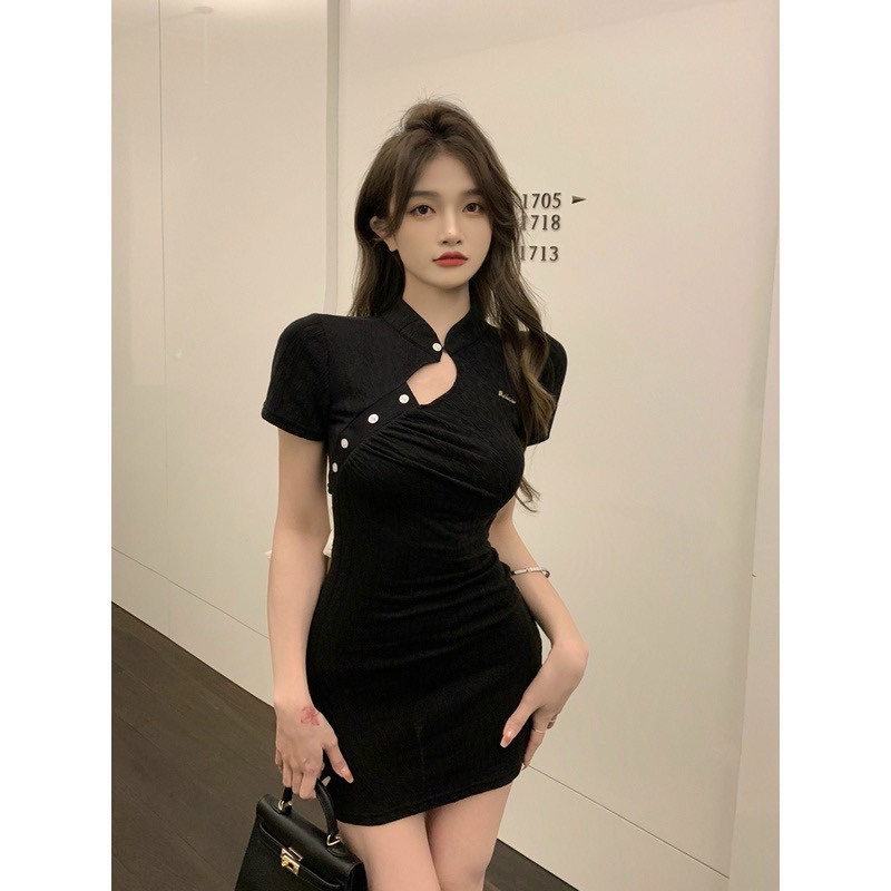 Đầm cổ tàu tay ngắn ôm body hở lưng nơ to cực hot , chất thun gân dày dặn mk