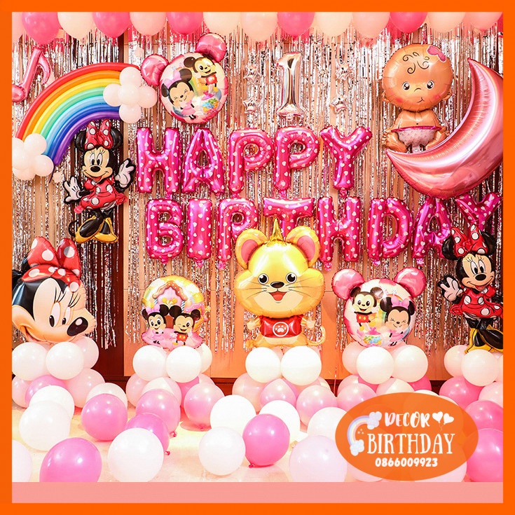 Set Trang Trí Sinh Nhật TUỔI CHUỘT Cho Bé Gái, Bóng Hình Mickey Đủ Mẫu, Set Y Hình Tặng Kèm Đồ Bơm Băng Dính
