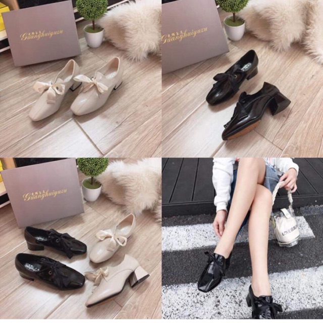 Giày da bóng nơ lụa