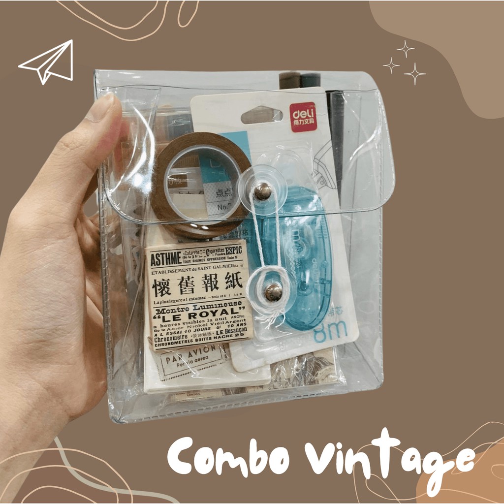 Combo &quot;Picked by JC Team&quot; theme Vintage - gồm bút Highlight Vience, Sticker, Giấy Nền, Washi Tape, Tape Glue, Brush Pen