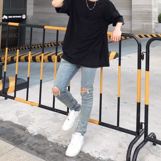 Quần jean nam streetwear cao cấp FNOS Z12 màu xanh rách gối form slimfit có zip jean co giãn
