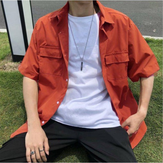 Áo Sơ Mi Ngắn Tay Form Rộng Màu Cam Đất Siêu Hot🍁 Unisex nam nữ đều mặc được
