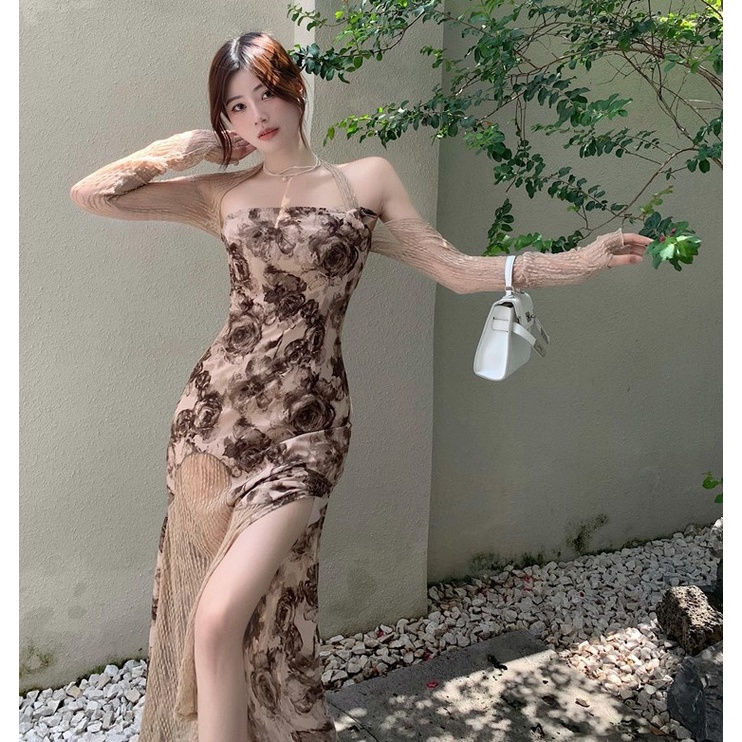 MARTHA | Váy Hoa Nữ Martha Sexy Lệch Vai Kiểu Pháp Cổ Lửng Dài Tay Túi Ngang Hông, Đầm Tiểu Thư Xẻ Tà Ulzzang