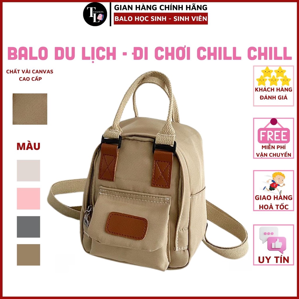 Ba Lô Vải Canvas Mini Màu Trơn Basic Phối Da Phong Cách Hàn Quốc
