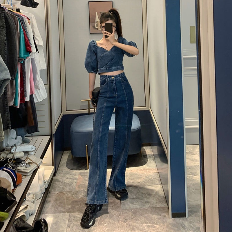 Set áo sơ mi denim + quần ống rộng thời trang Hàn Quốc phong cách retro cho nữ 2021