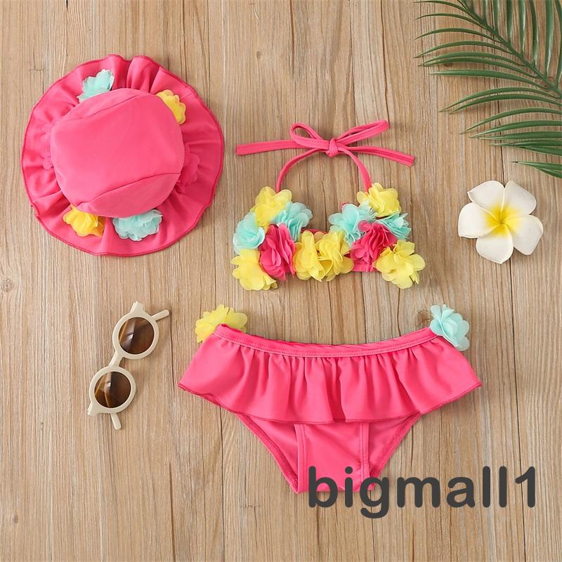 Bộ Đồ Bơi Ba Mảnh Họa Tiết Hoa Kèm Nón Chống Nắng Cho Bé Gái 0-24 Tháng Tuổi