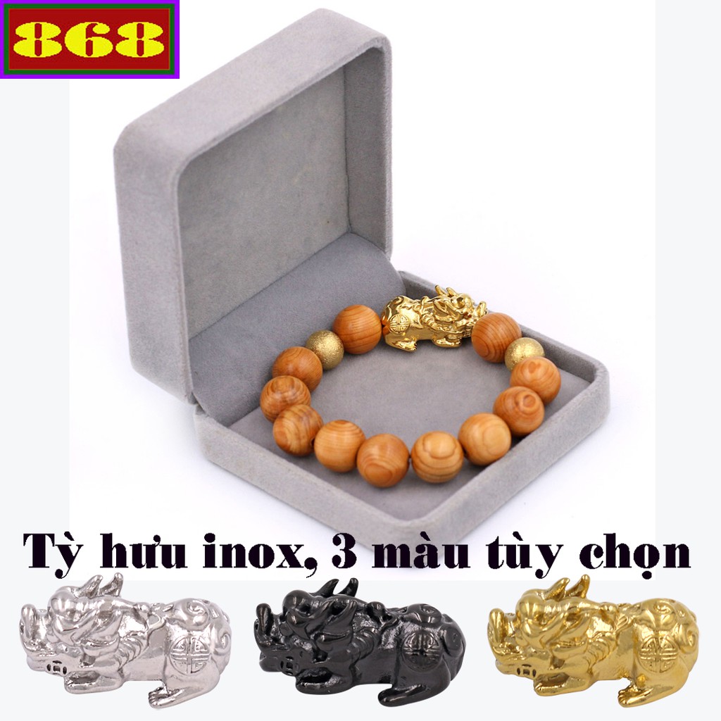 Vòng tay gỗ thủy tùng 15 ly tỳ hưu inox vàng VGTTTHHBV15