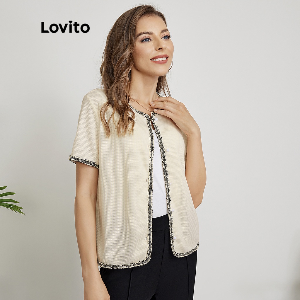 Lovito Áo khoác ngọc trai giả trai trơn tương phản thanh lịch L24ED068 (Trắng nhạt)