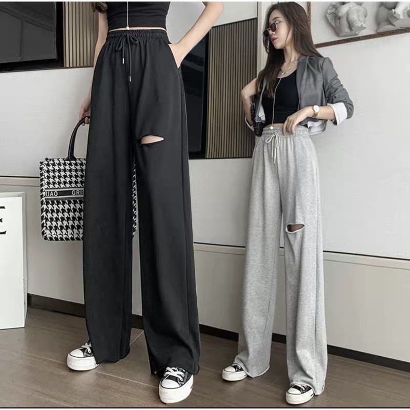 Quần Thun Dài Ống Rộng Rách Gối IRU Ulzzang