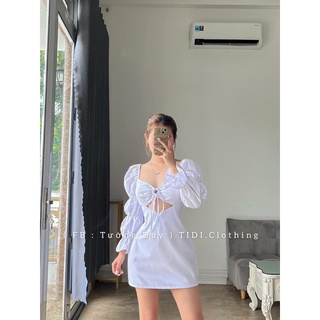 váy tay phồng có dây cột cổ khoét eo