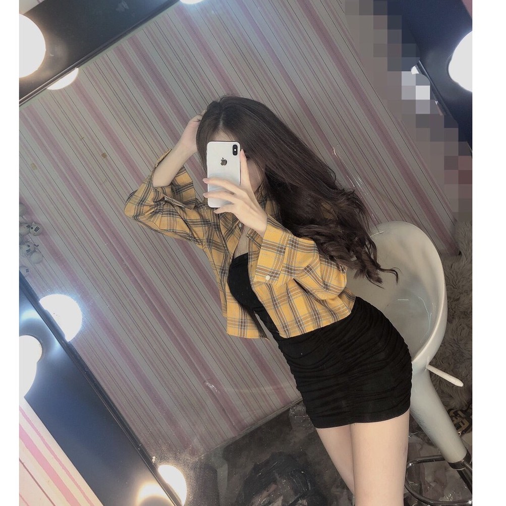 Áo Sơ Mi Nữ Sọc Kẻ Caro Croptop Dài Tay Thời Trang Bonucci | BigBuy360 - bigbuy360.vn