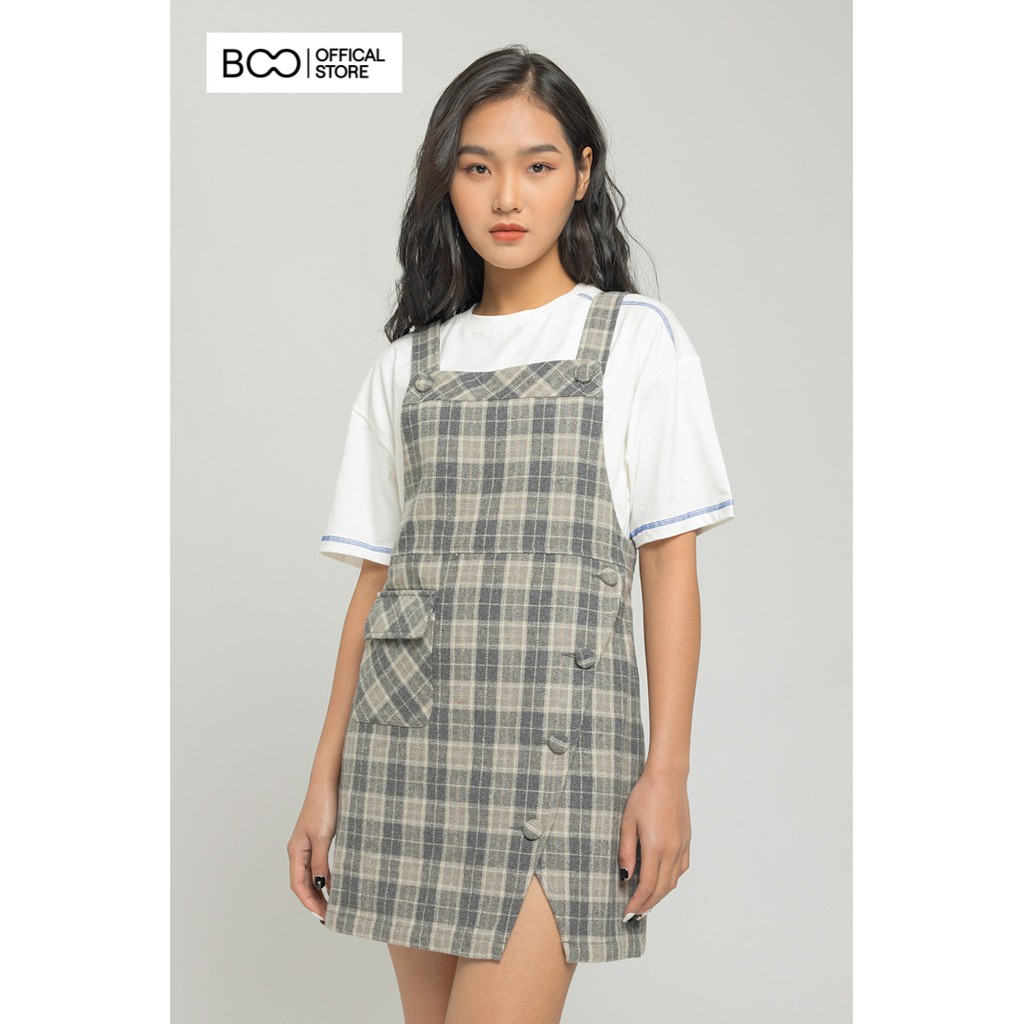 Váy BOO Yếm BOO Nữ Dáng Suông Rộng Phối Khuy Và Túi Cá Tính Màu Kẻ Caro Ghi