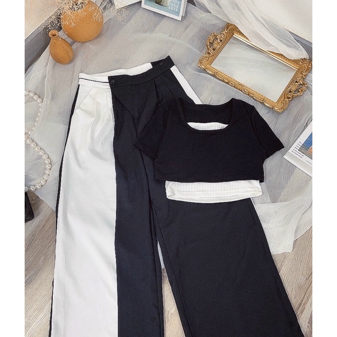 SÉT 3 MÓN QUẦN DUÔNG DÀI + ÁO CROP KIỂU