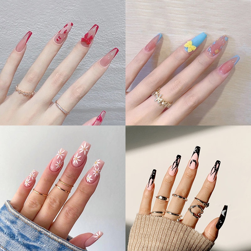 🔥Bộ 24 Móng Tay Giả Đính Nơ Đáng Yêu Kèm Keo Dán Thời Trang Cho Nữ