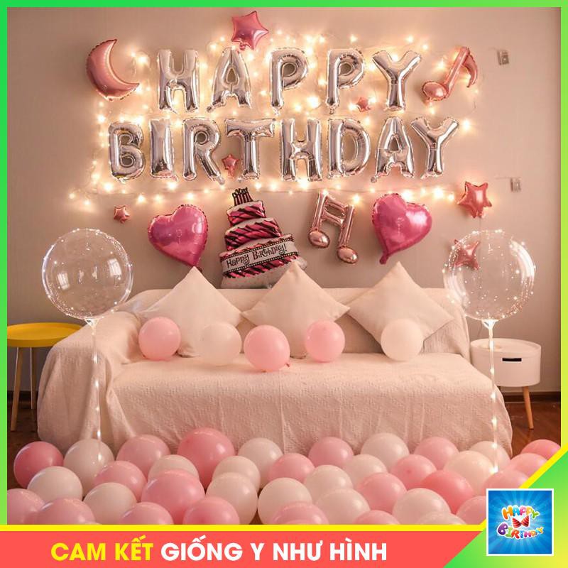 Set bóng trang trí sinh nhật kèm đèn led tông màu hồng❤️FREESHIP❤️Tặng kèm BƠM + KEO DÁN #TrangTriSinhNhat