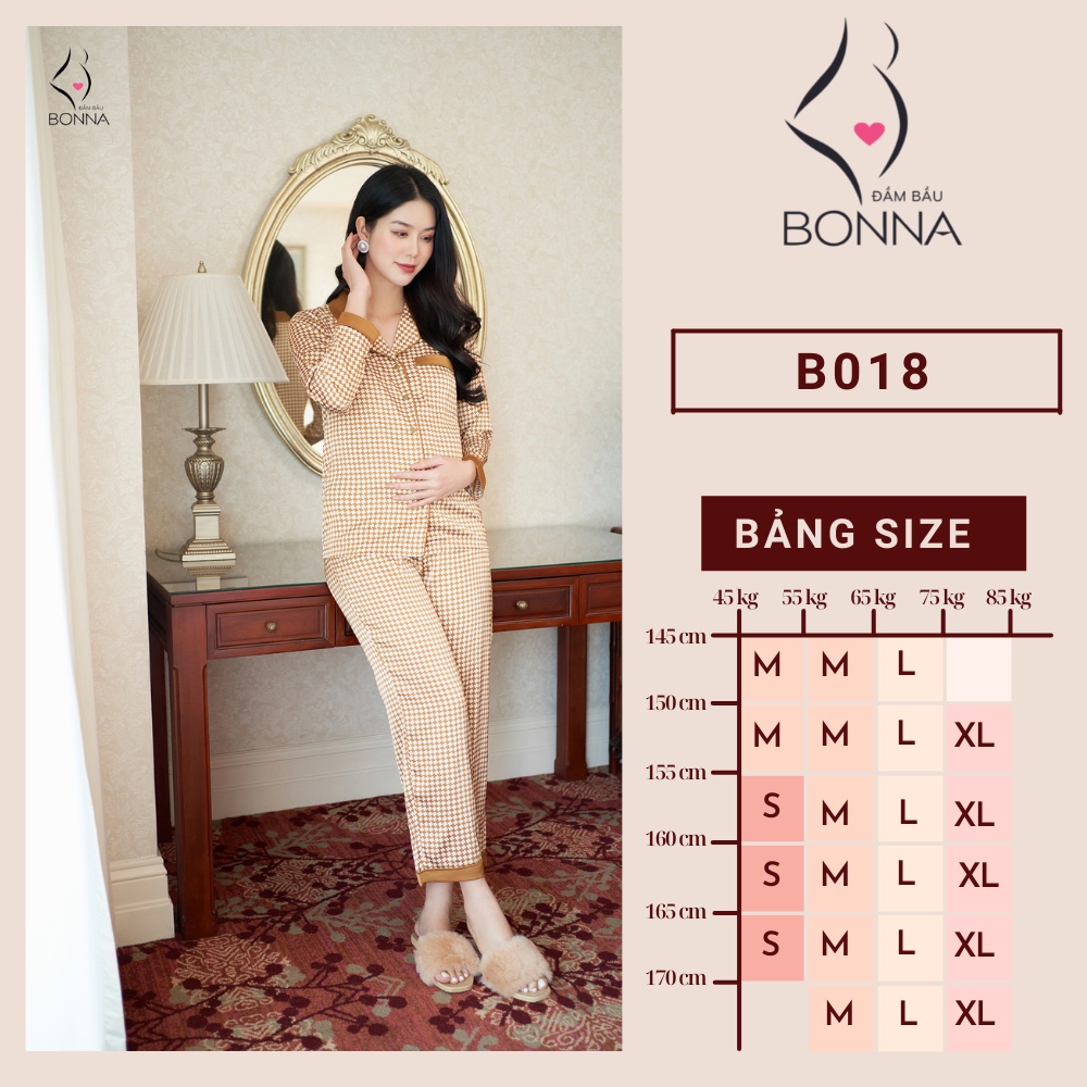 Bộ bầu mùa hè BONNA thiết kế dáng pyjama, quần có chun điều chỉnh thoải mái, họa tiết kẻ sang trọng, thoải mái B018