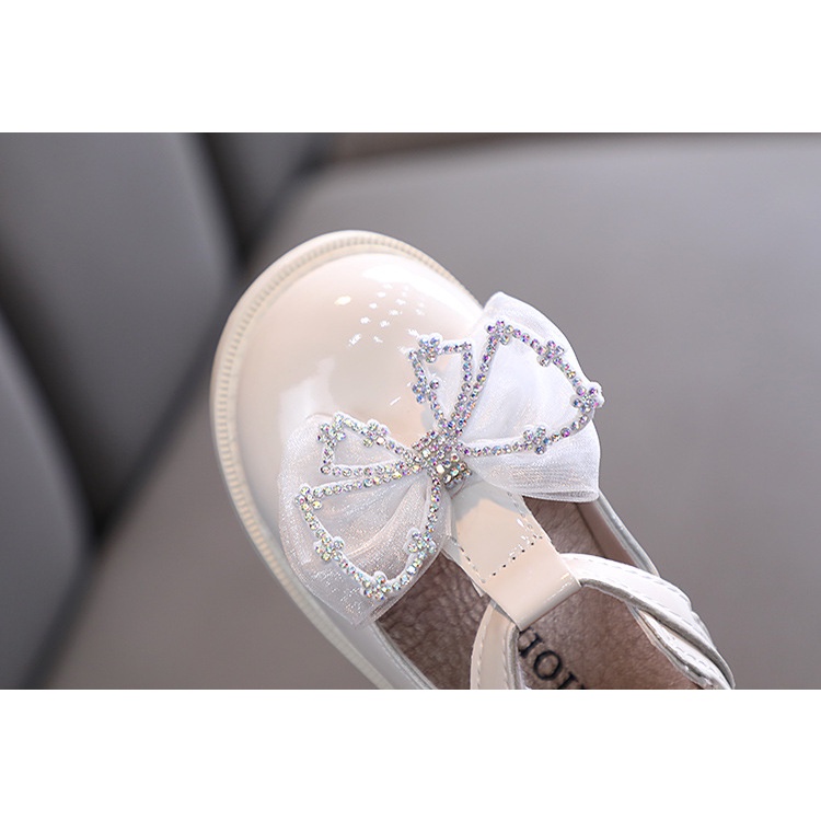 Giày Búp Bê Đế Mềm Chống Trượt Chất Liệu Da Phối Nơ Đính Đá Lấp Lánh Cho Bé Gái 2-8 Tuổi