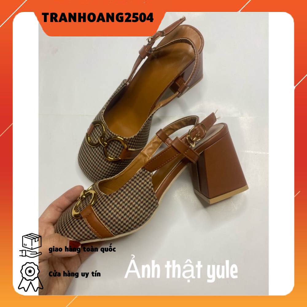 [HÀNG CÓ SẴN ] Giày cao gót vuông 7cm kẻ rentro phối da nâu cổ điển