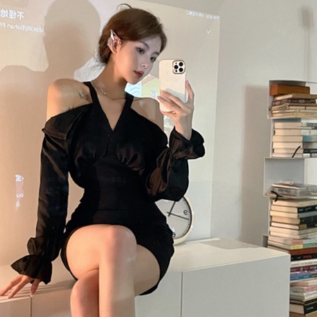 [MURIOKI] Đầm Hai Dây Ôm Dáng Màu Đen Phong Cách Hàn Quốc Cổ Điển Quyến Rũ Dành Cho Nữ