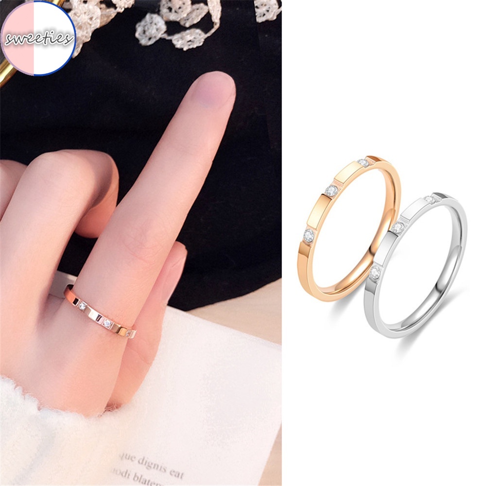 1 nhẫn cưới thép titan mỏng đính kim cương đơn giản kích thước 6-9 cho nữ