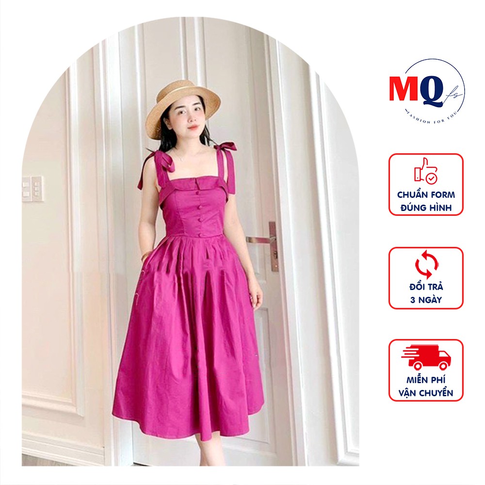 Đầm xòe nữ dáng dài MQ CLOTHING váy 2 dây buộc nơ có đệm ngực cao cấp