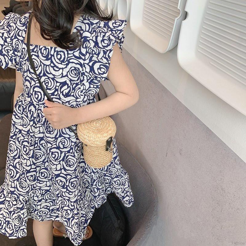 Đầm Công Chúa Cổ Vuông Tay Cánh Tiên In Hoa Thời Trang Mùa Hè Dành Cho Bé Gái