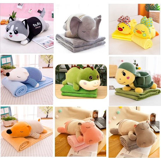 ( Tặng 1 móc dán chiụ lực)Bộ chăn gối văn phòng hình thú voi xinh, trà sữa, hổ siêu đáng yêu 2in1(#Gối_Chăn)