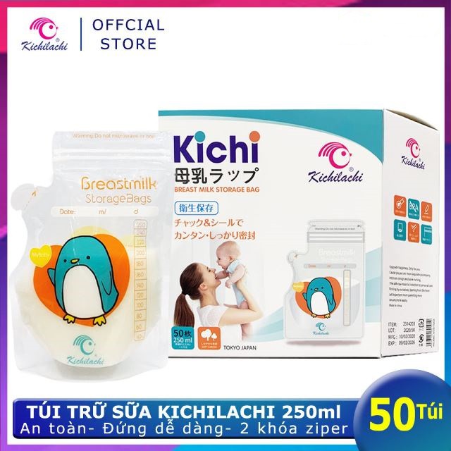 10 - 50 Túi trữ sữa 250ml không BPA, không mùi & 2 khóa zip an toàn cho Bé KICHILACHI (Hình chim cánh cụt dễ thương)